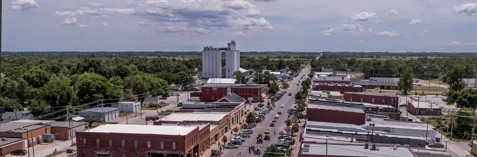 Aerial view of downtown Sterling at sunset